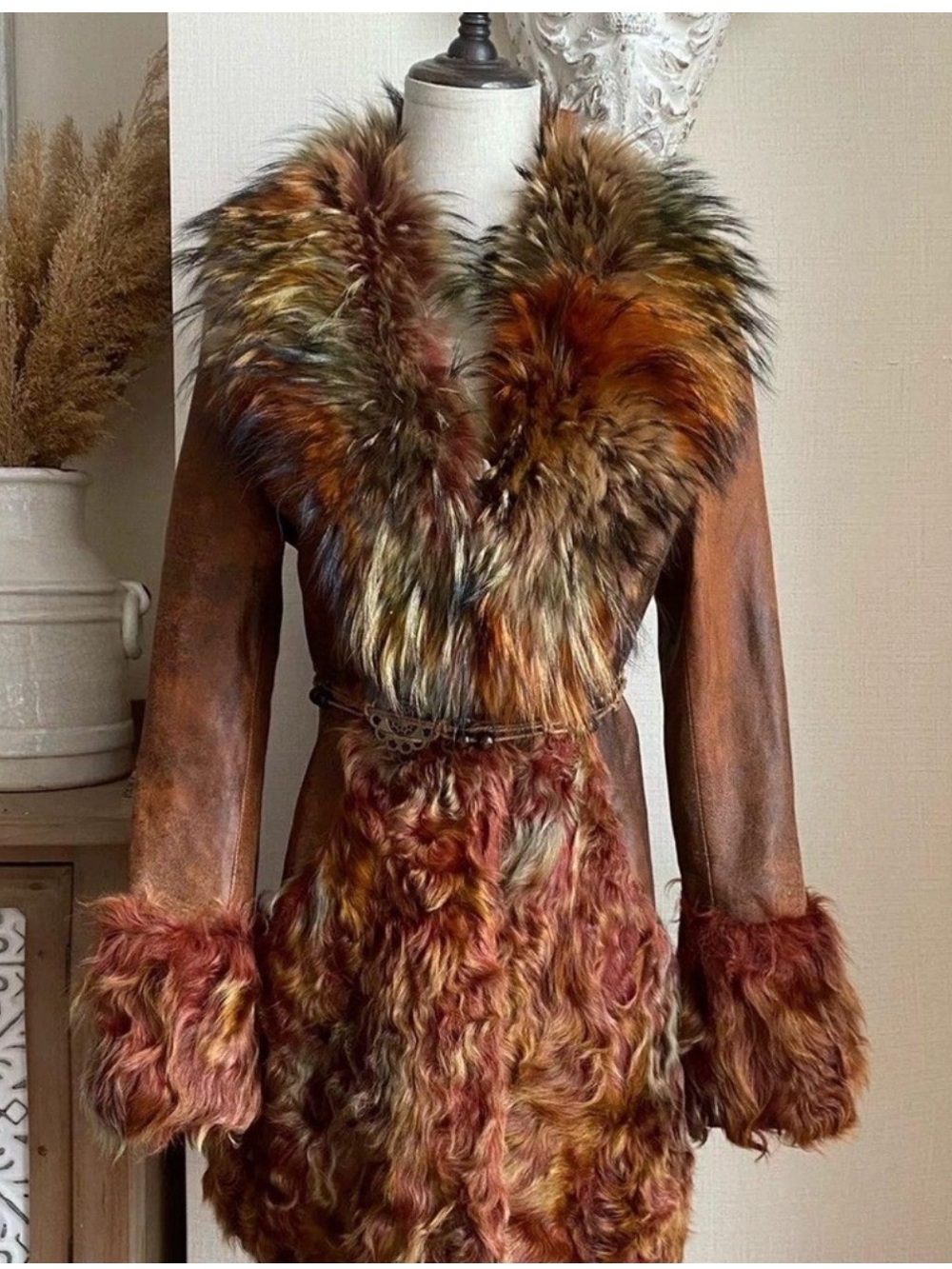 Vintage Fox Fur Leather Shearling Coat